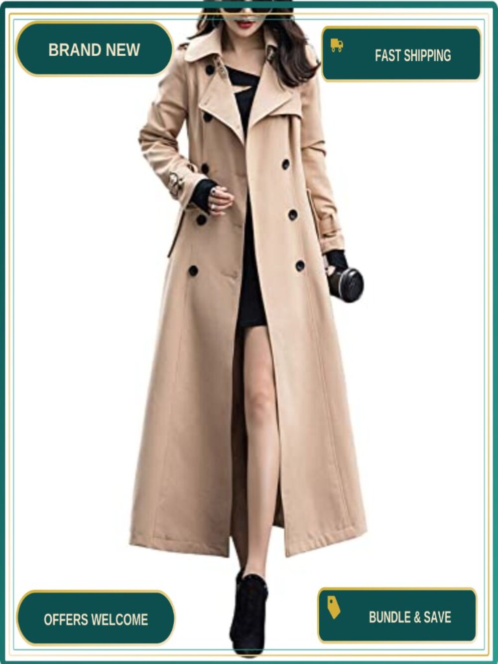 Women's Double Breasted Maxi Trench Coat Overcoat Notch Lapel